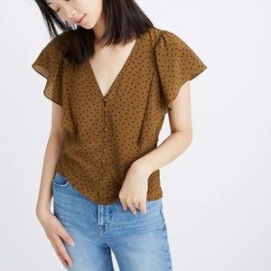 NWT Madewell Silk Carmelita Flutter-Sleeve Top in Polka Dot